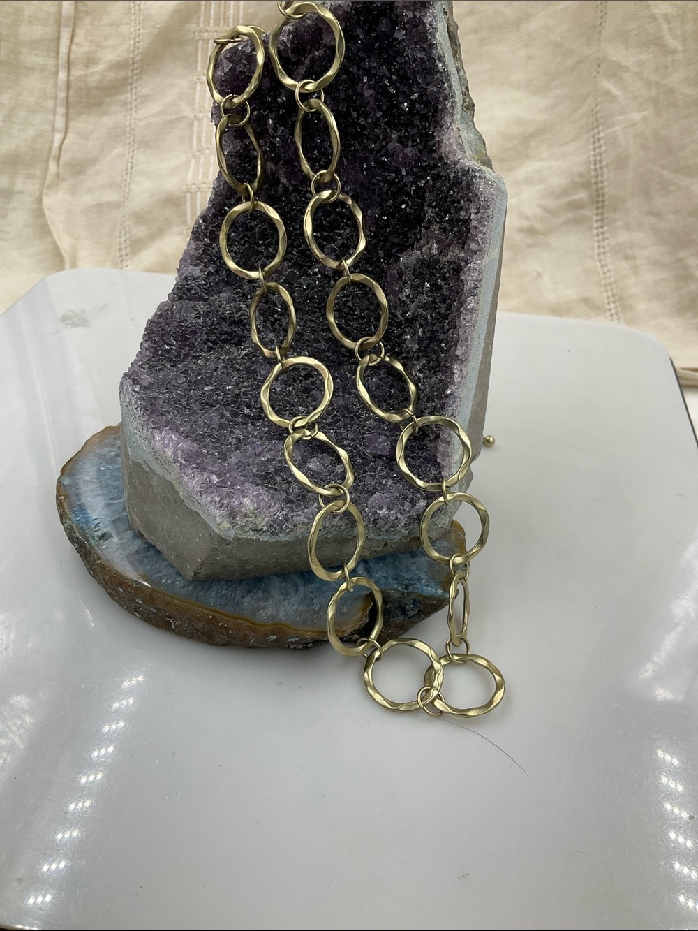 Elegant 30” & 3’Ext. Textured Hammered Gold Circle Link Necklace - Picture 2 of 5